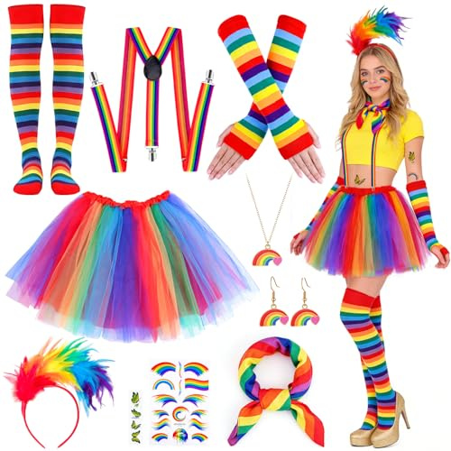SelfTek Karneval Regenbogen Kostüm Damen - 9 Stück Fasching Kostüm Damen mit Bunt Rock Handschuhe Socken Hosenträger Haarreif Schal Ohrringe Halskette Aufkleber für Karneval Fasching Party Halloween