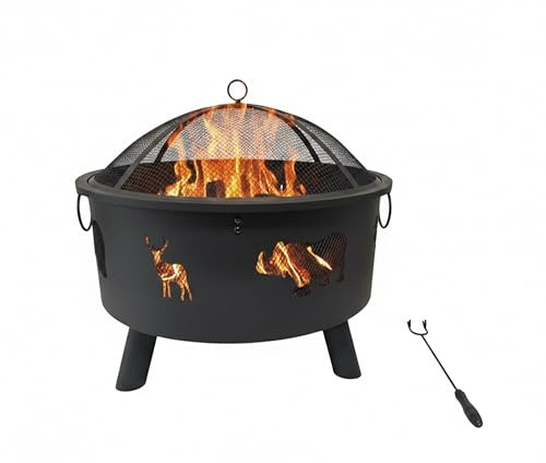 Relaxdays Feuerschale, Ø Schale 64 cm, Funkenschutz, Schürhaken, Stahl, Tier-Design, Feuerstelle Garten, schwarz