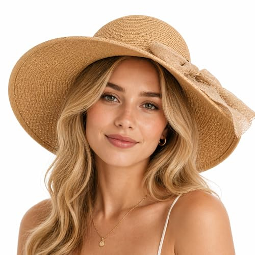 TUBAWD Beach Hat, Wide Brim Sun Hat for Women, Summer Outdoor Sun Protection, Wide Brim Sun Shield Design, Lightweight Straw Design, Khaki Colour