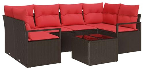 vidaXL Sofa Set mit Kissen 7 pcs Braun und Rot Poly Rattan, Garten- und Terrassen-Sofa-Set, modernes Rattan, wetterfest, UV-beständig, Bequeme Sitzgelegenheit für den Garten