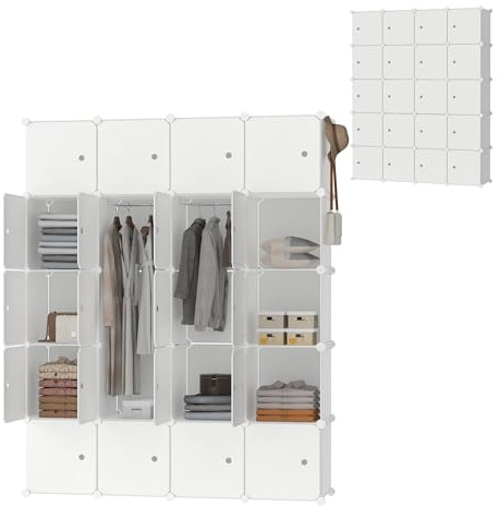TATIVALO 20 Boxen DIY Regalsystem Kleiderschrank Milchig mit Türen Steckregal Garderobenschrank aus Kunststoff PP Modular Aufbewahrung für Kleidung, Schuhe, Bücher, mit 2 Kleiderstange