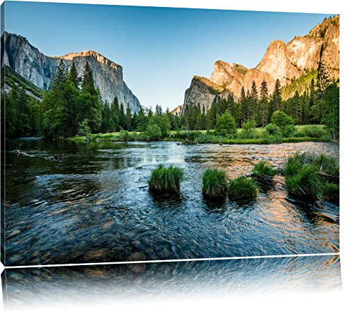 Pixxprint Fluss vor Berglandschaft, Größe: 100x70cm, Leinwandbild, fertig gespannt, Wandbild, Dekoration, Kunstdruck, kein Poster