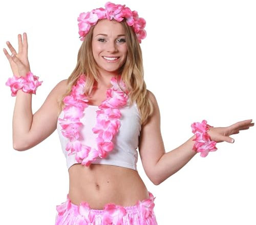 Set di 4 pezzi di ghirlande hawaiane in 8 colori, 1 collana da 40 cm + 1 fascia floreale + 2 bretelle (rosa – confezione da 12)