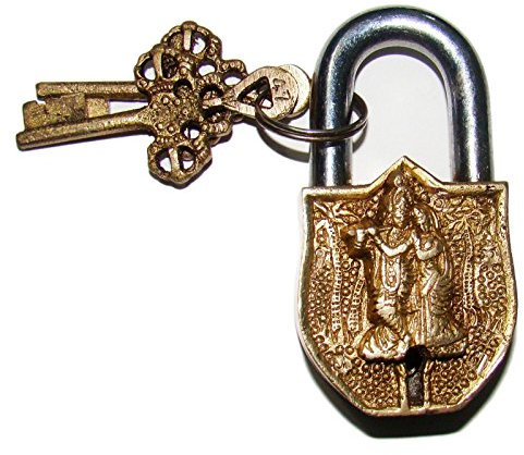 Purpledip Vintage Brass Padlock/Lock with Radha-Krishna Relief - Small (10327)