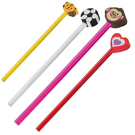 4 Bleistifte / HB / mit Motiv Radierer / je 1x Herz, Fußball, Teddy und Affe