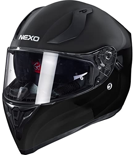 Nexo Integralhelm Motorradhelm Helm Motorrad Mopedhelm Sport II, herausnehmbare Polster, mehrfache Be-, Entlüftung, Windabweiser, klares Visier, Ratschenverschluss, Gewicht: 1.350 g, Schwarz, L