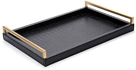 45 x 30 cm Leather Ottoman Tray, Large Serving Tray with Brushed Gold Handles for Bars, Parties, Dinners, Decorative Tray for Modern Home Decor, Bathroom Vanity