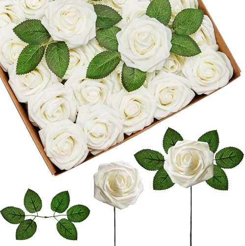InnoGear Künstliche Blumen, elfenbeinfarbene weiße Schaumstoffrosen, Großpackung mit Stielen für Dekoration, DIY, Hochzeitssträuße, Tafelaufsätze, Brautparty, Party, Weihnachtsbaum, 50 Stück