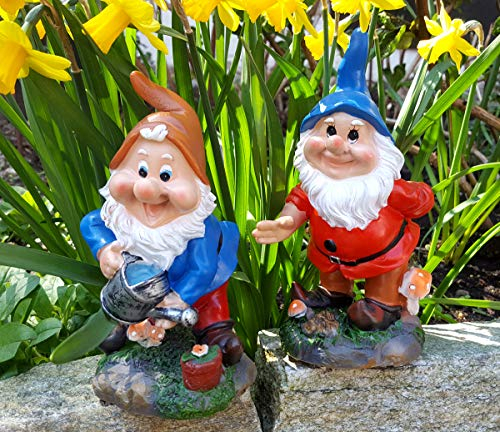 LB H&F 2 x Gartenzwerge Dekofigur Set lustige Zwerge Gartendeko Figur - wetterfest - frostsicher Gartenzwergeset außen 16,5x10cm Groß B+B (Set 2)