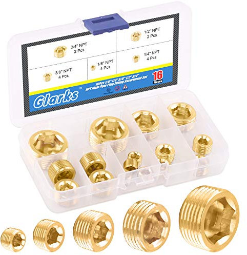 Glarks - Set di 16 connettori in ottone da 1/8 '' 1/4'' 3/8'' 1/2'' 3/4'' NPT maschio per tubi, filettatura interna esagonale, kit assortito