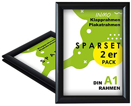 INMO Alu-Klapprahmen DIN A1 2 Stück mit Aluminium Profil ohne Glas - Klappbarer Bilderrahmen Schwarz - Fotorahmen für Bilder, Poster, Plakate - 62,50 x 87,20 cm Urkundenrahmen