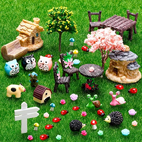 Skylety 64 Stück Feengarten Zubehör Miniatur Deko Garten Wichtel Frühling Zubehör Mini Tiere Figuren für Puppenhaus Dekoration Ostern DIY Gartendeko