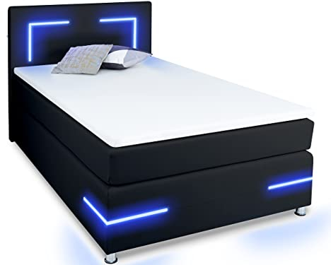 wonello Boxspringbett 120x200 Lights 2.0 mit LED Beleuchtung - gemütliches LED Bett 120x200 cm schwarz mit Matratze und Topper