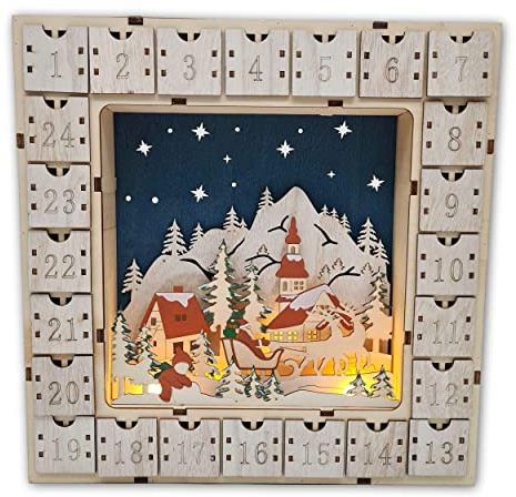 Wichtelstube-Kollektion LED Adventskalender Weihnachtsdorf Holz zum befüllen, wiederverwendbar XL-Fächer, LED Beleuchtung inkl. Trafo und Timer ca. 35cm