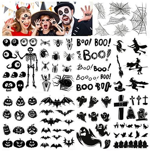 HOWAF Tatouage Halloween Tatouages Temporaires Tatouage Ephemere Halloween Citrouille Chauve Souris Araignée Tatouages éphémères Autocollant pour Homme Femme Enfants Halloween Maquillage Déguisement