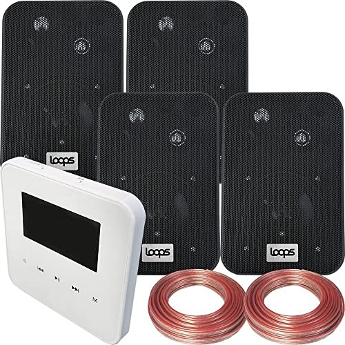 Loops 100W Speaker System - Bluetooth In-Wall Mounted Amplifier - 4x 70W 4 Black Wall/Bookshelf Speaker Kit - Wireless Music Streaming Amp