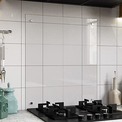 BELOFAY 6mm Tempered Glass Splashback for Kitchen, 6mm Toughened Glass Heat Resistant Splashbacks for Cookers with Pre-Drilled Holes (60X65cm, Clear)