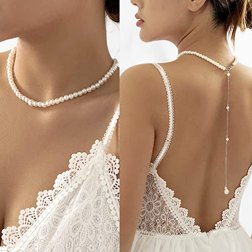TseenYi Halskette mit Perlenrückseite, Vintage-Perlen-Hintergrund, Halskette mit Brautperlen, Y-Rücken, Halskette, Kette, Sommer, Hochzeit, rückenfreie Kette, Schmuck für Frauen und Mädchen (Silber)