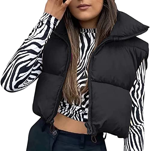 Geagodelia Womens Cropped Puffer Gilet Zip Up High Neck Padded Gilet Winter Thermal Vest Quilted Gilet Outerwear Short Sleeveless Puffer Jacket Coat Body Warmer (01-Black, S)