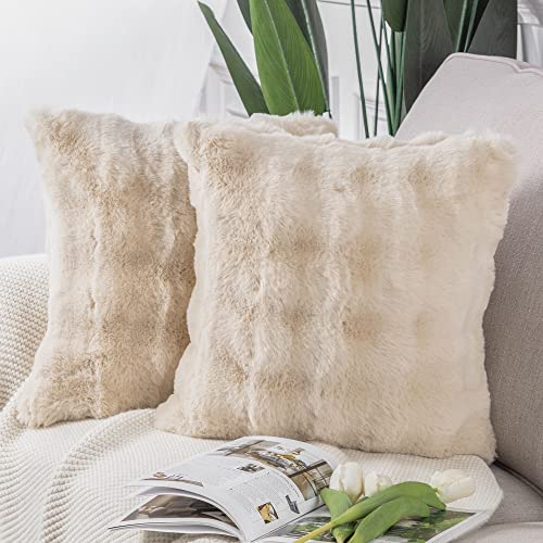 Madizz 2er Set Sanft Plüsch Kurze Wolle Samt Dekorativ Zierkissenbezüge Luxus Stil Kissenbezug für Sofa für Schlafzimmer Beige 60x60 cm