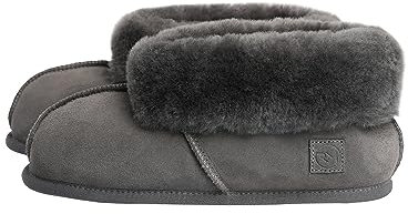Rohn Moden Lammfell Hausschuh Chalet für Damen und Herren, Hüttenschuh mit weicher Ledersohle, warmer Hausstiefel für Erwachsene in Top Qualität, grau (Größe 40)