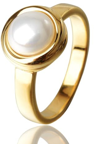 HOSICRON Pearl Ring for Women, 18K Gold Plated Rings for Bride Wedding Engagement Band Birthday Jewelry for Women Fits Sizes 5 to 11 (Gold pearl ring, 7)