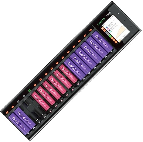 LIMETA 16-Slot Smart AA AAA Battery Charger with LCD - Fast DC Charging for NiMH/NiCd/NiZn Rechargeable Batteries Discharge/Analysis/Activation UK Plug