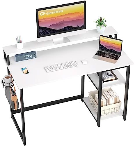 GreenForest 100 x 50 cm Schreibtisch Weiß mit Regal und Monitorständer, Kleiner Sekretär Schreibtisch Weiss, Bürotisch für Home Office, Weiß