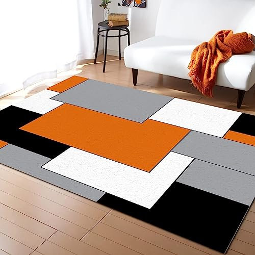 TEMLAN Abstrakter Farbblock Orange Schwarz Grau Teppiche Gegend, Orange Schwarz Geometrisch Kleiner Teppich für Wohnzimmer, Schlafzimmer, Kinderzimmer, Büro, etc 100 x 150cm
