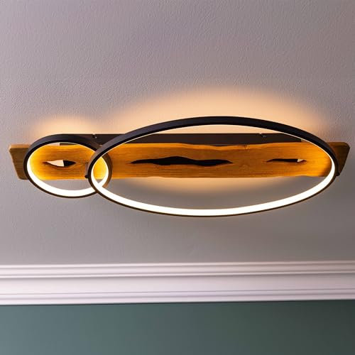 Lightbox moderne LED Deckenlampe im Nature Stil - Deckenleuchte mit 3 Stufen Dimmer & 2 LED-Ringe am Holz Balken - 70 x 30 cm - 3300 lm, 3000 K - aus Kiefernholz/Metall in Schwarz/Hell-Braun