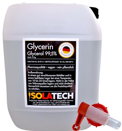 ISOLATECH Glycerin 99,5% 10L Pharmaqualität made in Germany, gemessen 99,98% rein pflanzlich, Glyzerin Glycerol flüssig mit SABEU Fluxx AH23/51 HF Ausgießhahn DIN 51 10L -Kanister (Inhalt 12kg)