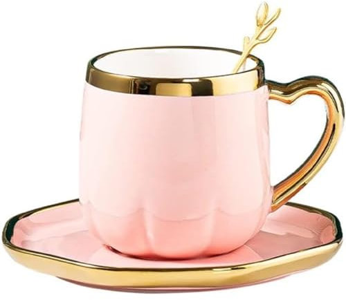 FülleMore Goldrand Keramiktasse mit Untertteller und Löffel 300ml Kaffeetasse Moderne Espressotasse mit Herzhenkel Kaffeeservice für Cappuccino,Latte,Espresso,Americano,Mokka,Tee (Rosa)