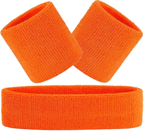 Hatstar 3-teiliges Schweißband Set | 1x Stirnband + 2x Schweißbänder für Handgelenke | Sport Stirnband Damen & Herren | Accessoire für Karneval & Fasching | Headband Wristband für Jugendliche (orange)