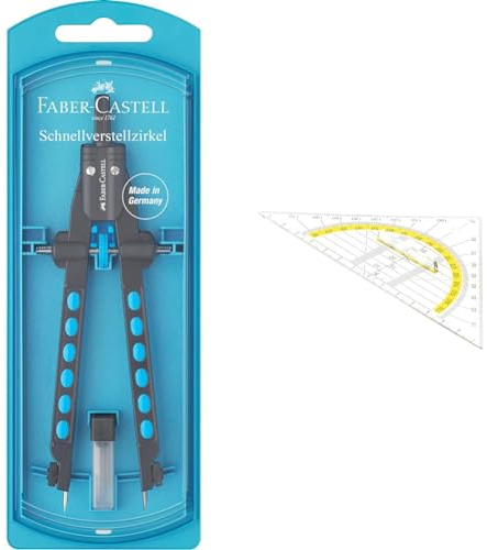Faber-Castell 174340 - Schnellverstell Zirkel, Factory, blau, 1 Stück & TSI Geodreieck mit Griff, 16 cm, transparent, Art. 46318