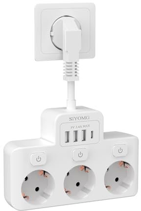 SIYOMG Multiprise avec Interrupteur Individuel 3 Prises et 3 USB avec 1 Type-C, Multiprise Murale 7 en 1, Prise Murale Idéale pour Les Maisons Les Bureaux et Les Pièces, Blanc