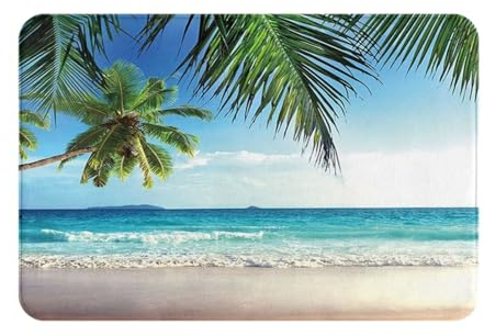 Fußmatte mit tropischer Palme, Hawaii-Strand, innen außen, 40 x 60 cm, bedruckt, waschbar, rutschfest, saugfähig, Eingangsteppich, Bodenmatte