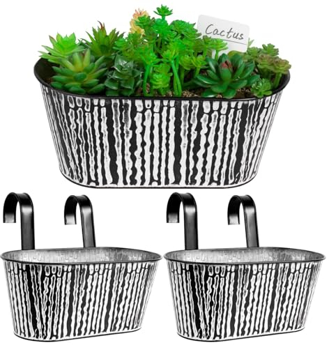 BOFUNX 2pcs Hängetöpfe Set Vintage Pflanztopf Blumentopf Übertopf mit Haken Balkon Blumentopf Hängend für Dekotation Balkon Draussen Innenwand Garten Wand Geländer Zaun(Schwarz Gestreift 27×14×22cm)