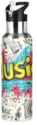 Nota Musical De Doodle Transparente Botella de Agua Deportiva con Pajita Acero Inoxidable, Botellas Termica Sin BPA para Niños Deporte Gimnasio Ciclismo Escuela (600ml/1L)