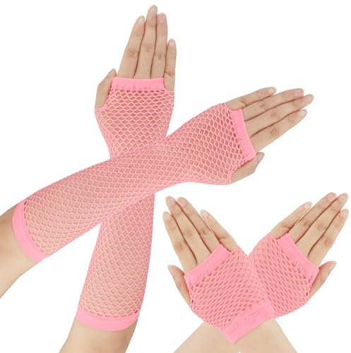 ysuwekslu Fischnetz-Handschuhe, fingerlos, Fischnetz, Armstulpen, Kostüm-Zubehör, Damen, Mädchen, fingerlose Netzhandschuhe für Party, Pink, Small