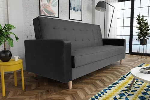 BEAUTY SOFA Bamako Couch, Sofa mit Armlehnen und Schlaffunktion - Breite 211 cm - Liegefläche 187 x 115 cm - Schlafcouch für Wohnzimmer, Schlafsofa mit Bettkasten - Samt Schwarz (Kronos 07)