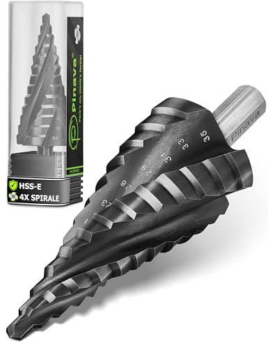 Pinava® Stufenbohrer HSS Cobalt Pro 4XSPIRAL [Schneller, Präziser, Langlebiger] Ø 5-35mm - Profi Kegelbohrer für Edelstahl, Metall, Holz, Kunststoff - Blech-Schälbohrer Extrem Scharfer Edelstahlbohrer