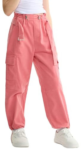 Rolanko Pantaloni Cargo per Ragazze con Cintura Regolabile Vita Alta Elasticizzata Pantaloni Jogger in Velluto a Coste Pantaloni da Danza Hip Hop per Bambini, Rosa, Taglia: 8-9 Anni/140