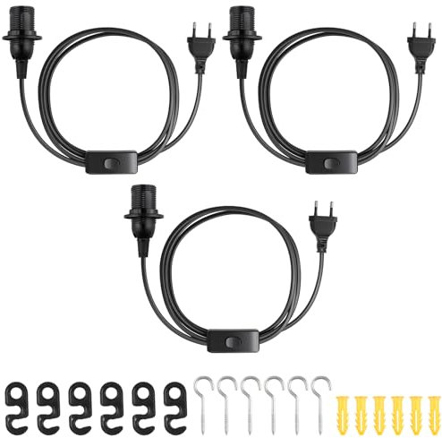 Getyjoe 3 Pièces Douille Lâmpade E27 avec Cordon de 3.5m et Interrupteur Noir - Douille E27, Support et Prise pour Chambre, Salon, Cuisine, Bureau, Plafonnier, Lustres