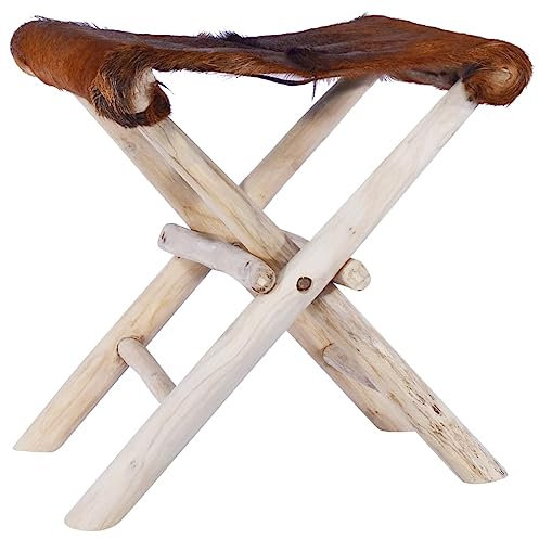 NQJIBUE Stühle, Klappstühle & Hocker, Klapphocker aus echtem Leder und massivem Teakholz
