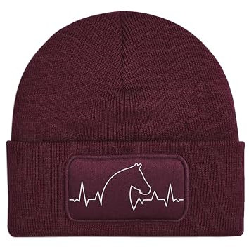 NIMAMA Mütze Beanie Heartbeat Pferd Wintermütze Statement Spruch Print Geschenk Unisex Strickmütze für Herren & Damen - Burgund