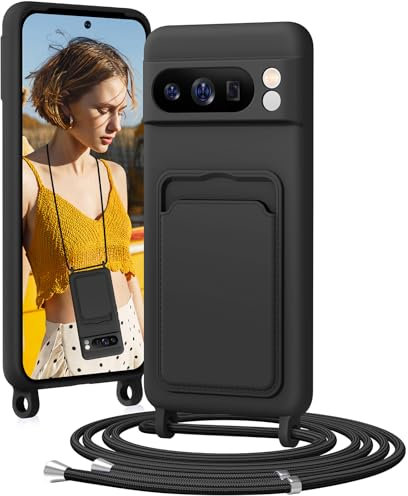 BENTIACC Handykette Silikon Hülle für Google Pixel 8 pro mit Band, Handyhülle mit Kartenfach, Abnehmbar Kordel Kette, Stoßfeste Schutzhülle für Google Pixel 8 pro (Schwarz)