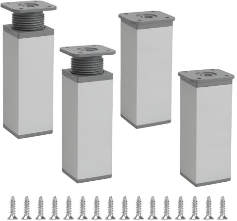 KINDPMA Lot de 4 12cm Pieds de Meuble Réglables Hauteur Carrés Pieds de Table en Alliage d'Aluminium Pied Canapé avec Vis pour Table, Meuble TV, Chaise Armoires, Lit,Gris Mat