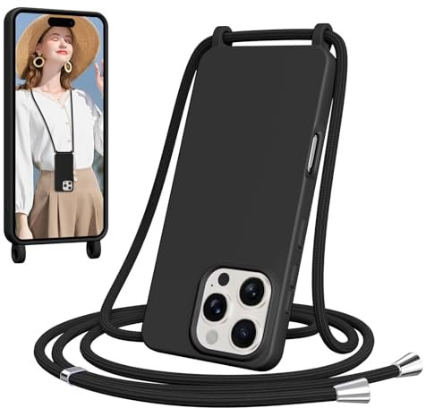 Woijrly Coque pour iPhone 16 Pro avec Cordon, Collier pour Étui en Silicone avec Tour de Cou Lanière Corde, Portable, Réglable, Amovible, Antichoc Bumper Housse pour iPhone 16 Pro Chaine, Noir