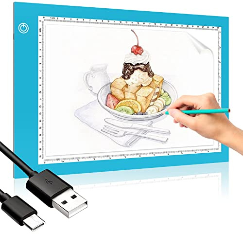 Light Box Drawing Pad, Tracing Board with Type-C Charge Cable and Brightness Adjustable for Artists, AnimationDrawing, Sketching, Animation, X-ray Viewing (A4-P-Blue-New)