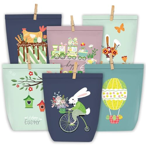 PANSIBY Geschenktüten Ostern, Ostertüten zum Befüllen, 12 Bunt Blau Bedruckte Tüten mit Holz Klammern, Karikatur Osterhasen Basteln Set